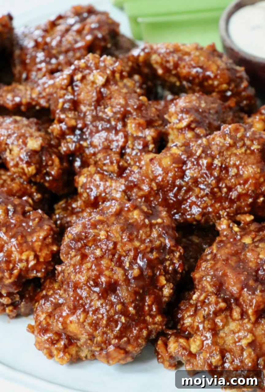 Sweet Heat Chipotle Chicken Tenders 2 Crispy Honey Chipotle Chicken Crispers stacked on a plate, ready to serve.