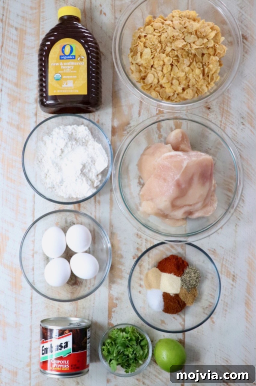 Sweet Heat Chipotle Chicken Tenders 3 Organized ingredients for homemade Honey Chipotle Chicken Crispers on a white wooden board.
