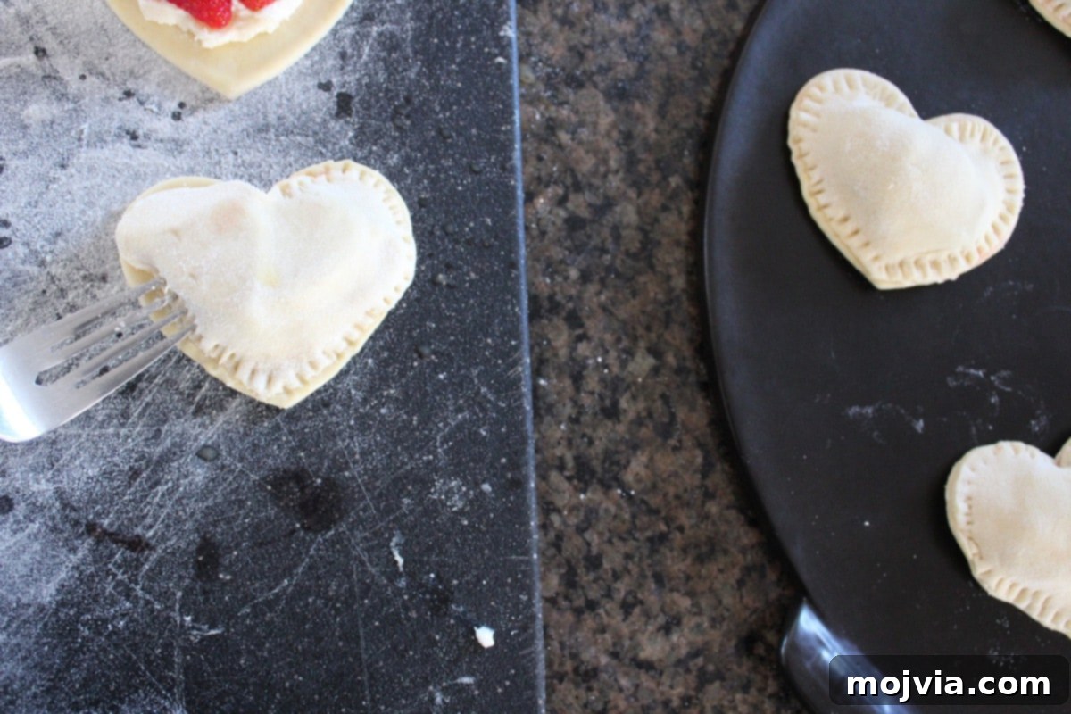 Strawberry Cheesecake Puff Pastry Hearts 11 Sealing the edges of heart shaped puff pastry pies with a fork