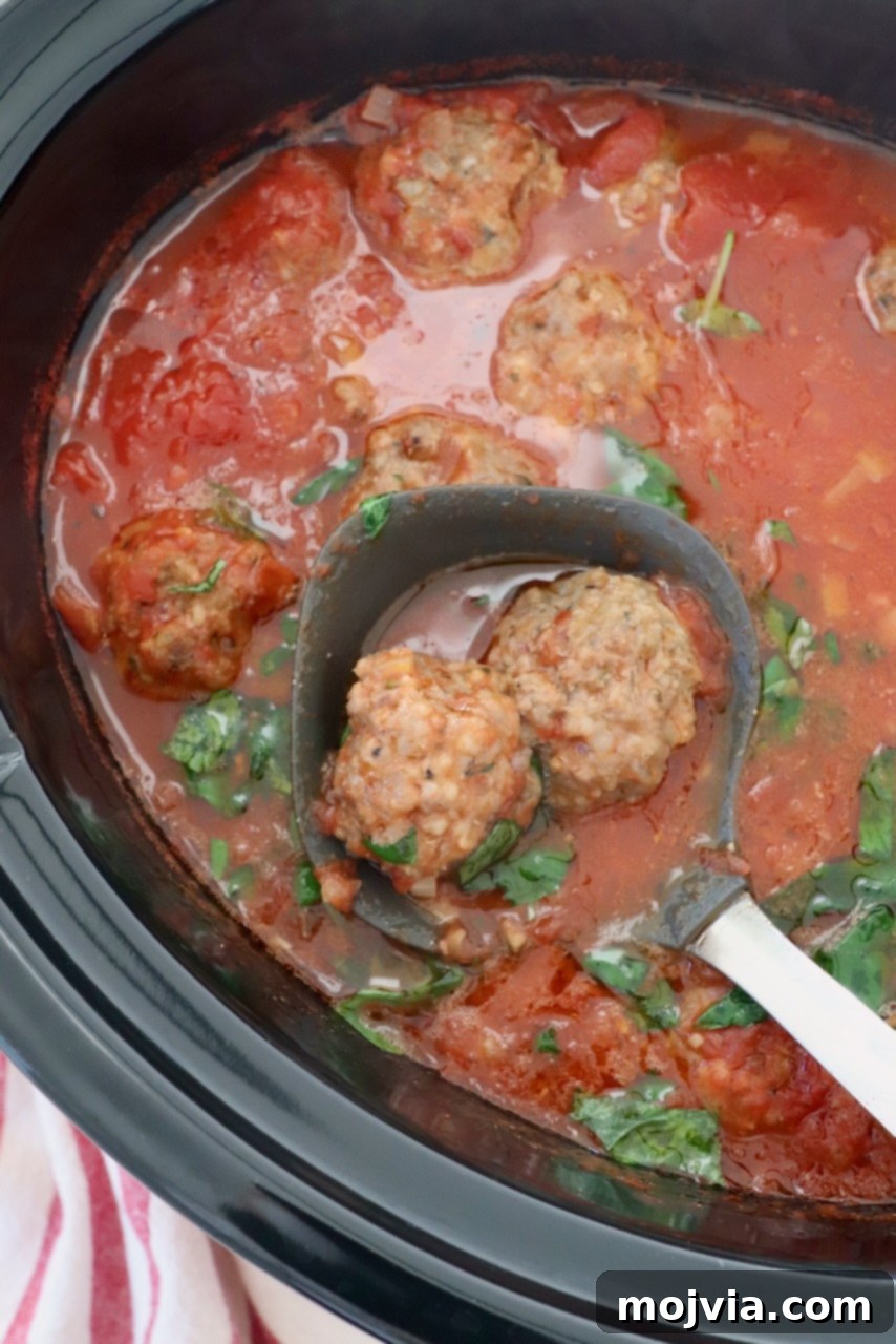 Set-and-Forget Slow Cooker Meatballs and Marinara 13 cooked meatballs in tomato sauce with serving spoon in a slow cooker