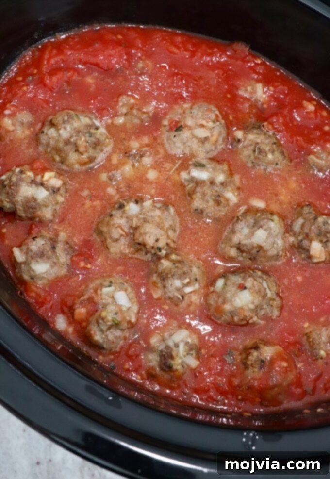 Set-and-Forget Slow Cooker Meatballs and Marinara 9 meatballs in marinara sauce in slow cooker