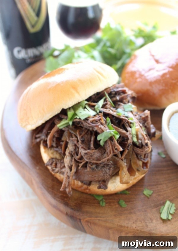 Close-up of Slow Cooker Coffee Guinness Brisket Sandwich