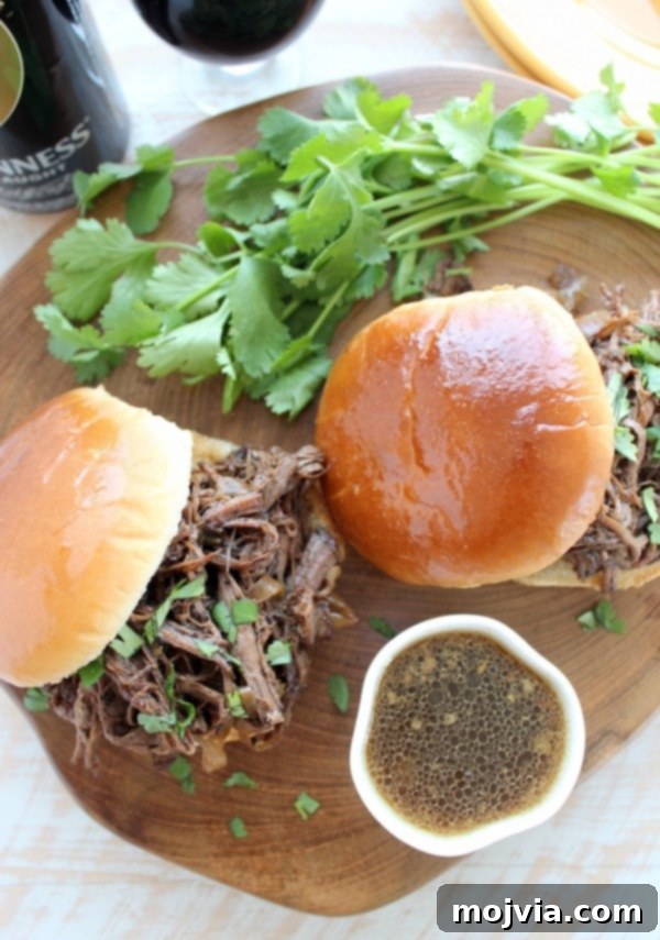 Slow Cooker Coffee Guinness Brisket ready for shredding