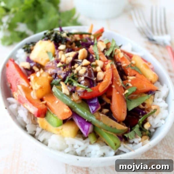 Vibrant Thai Peanut Pineapple Bowl 12 Overhead view of a prepared Thai Peanut Pineapple Veggie Rice Bowl