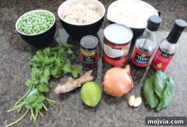 Ingredients for Green Curry Chicken Fried Rice laid out