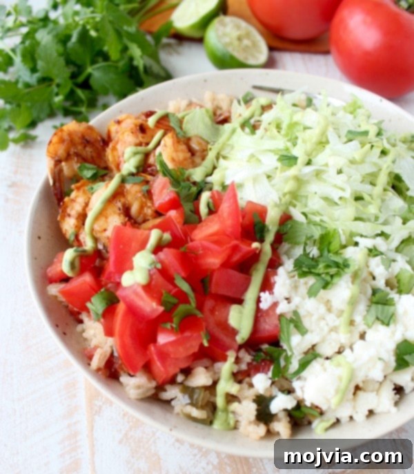 Close-up of freshly cooked chili lime shrimp and fluffy Mexican rice