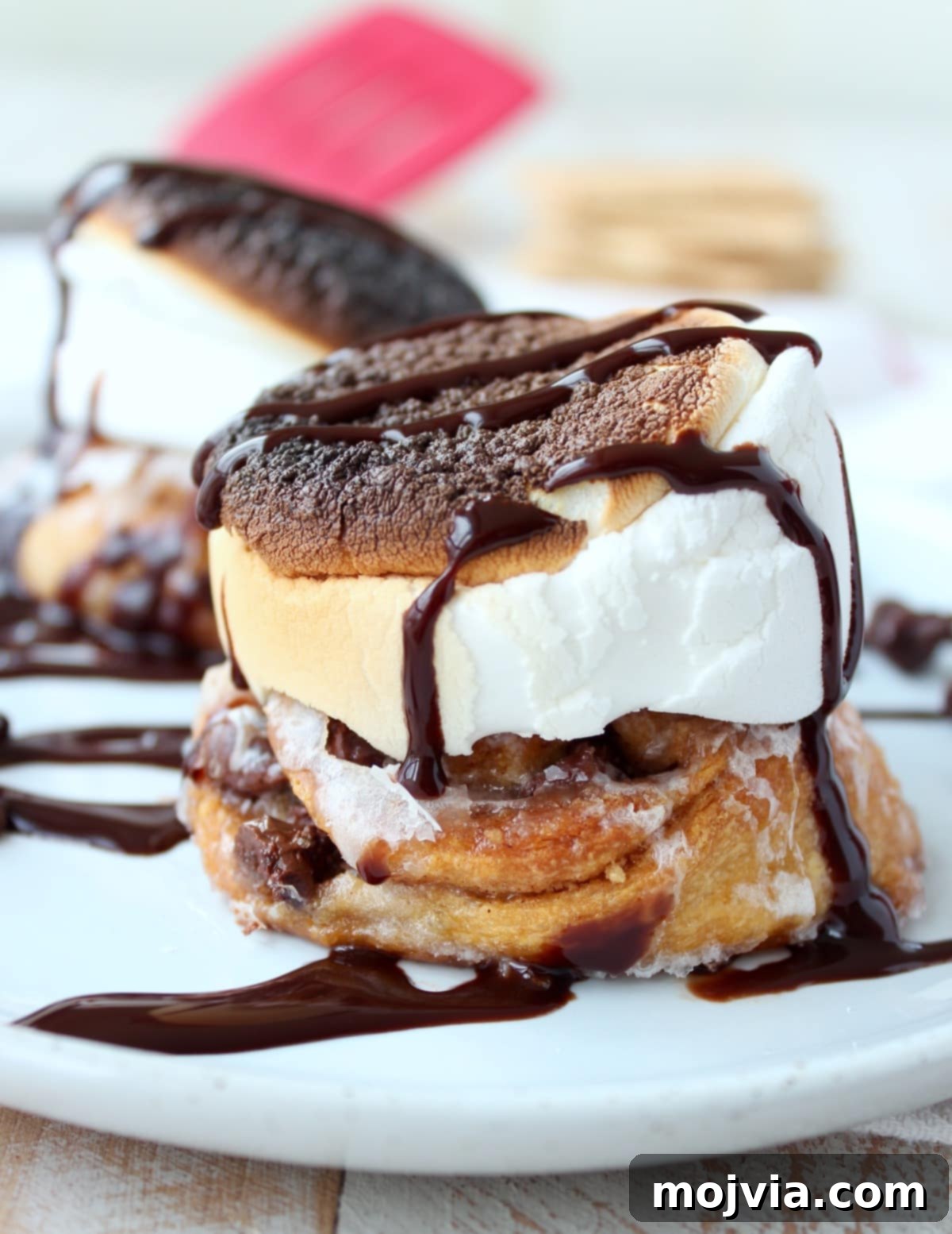 Perfectly toasted marshmallows on S'Mores Cinnamon Rolls after broiling.
