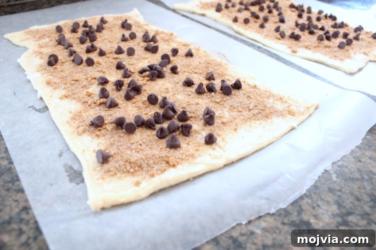 Close-up of crescent roll dough with cinnamon sugar, graham cracker crumbs, and chocolate chips.