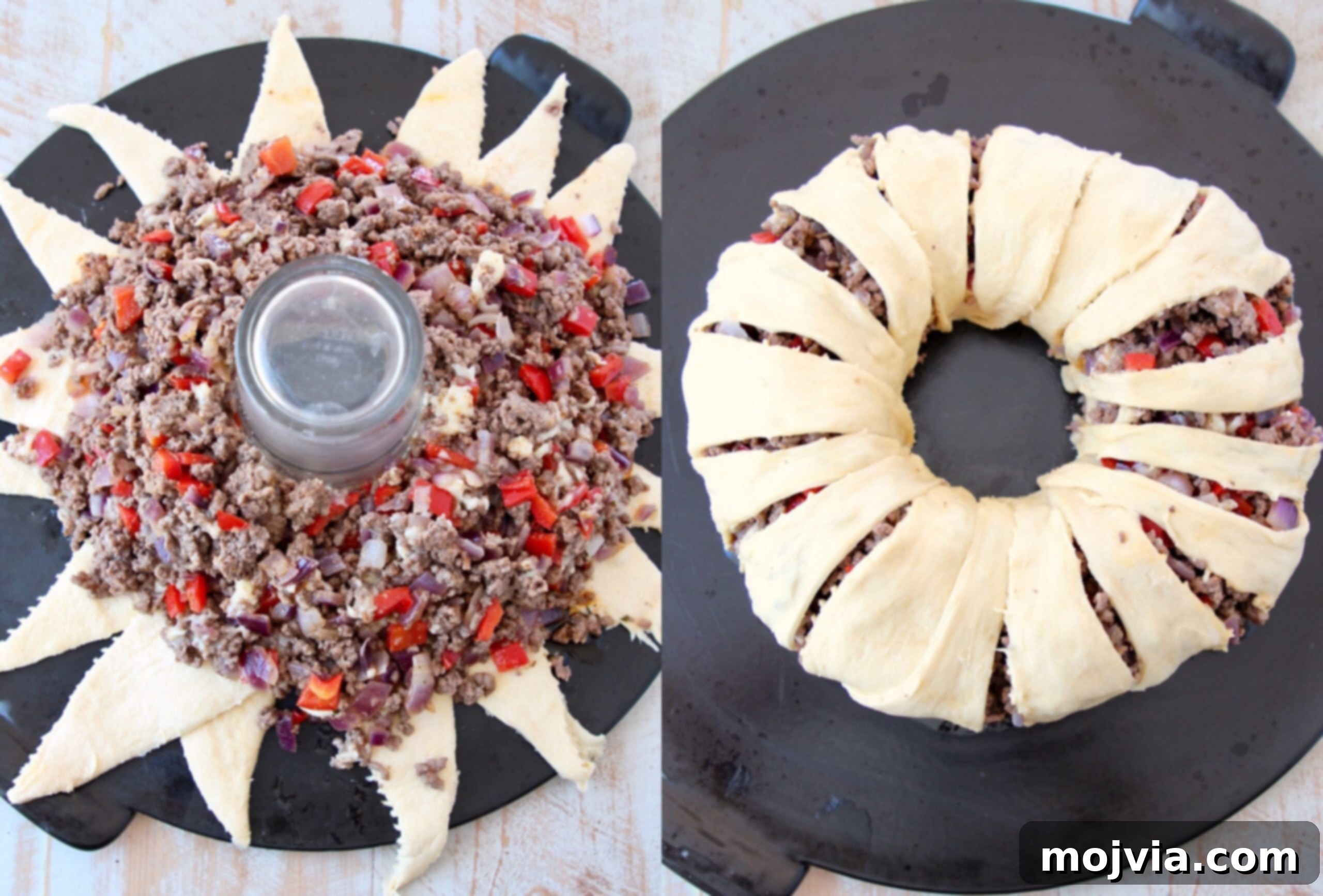 Fiesta Taco Ring 4 A visual collage showing the step-by-step process of assembling a ground beef taco ring, from browning the meat to arranging crescent rolls and baking the finished ring.