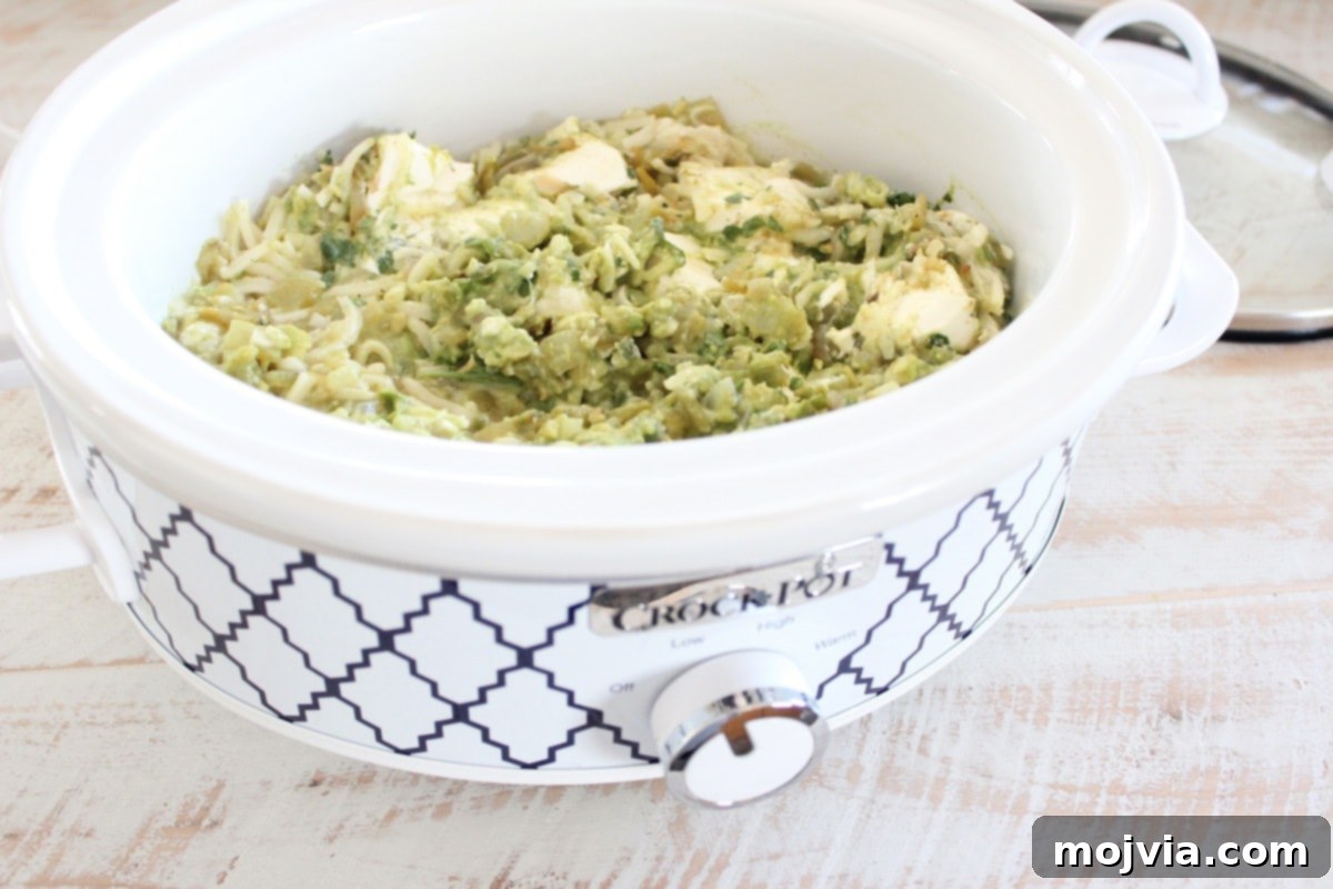 Set It and Forget It Green Chile Queso Blanco 6 Green chile queso blanco dip bubbling gently in the slow cooker, perfectly melted and ready to serve.