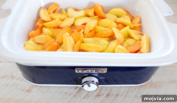Effortless Fruit-Filled Dessert Shells 4 sliced peaches, nectarines and apricots in a Crock Pot