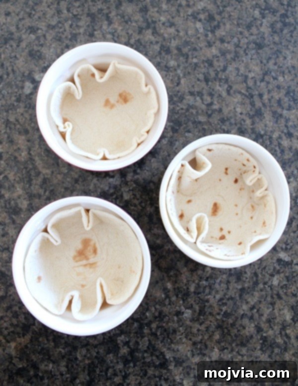 Effortless Fruit-Filled Dessert Shells 6 tortillas in three ramekins