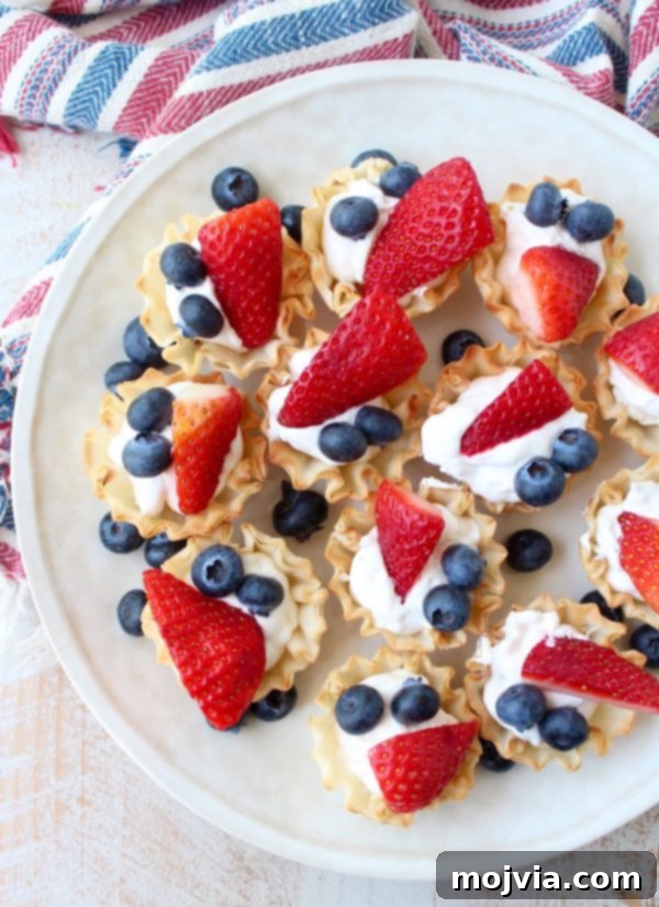 Delicious Berry Cream Fillo Baskets, an easy and quick dessert idea for summer parties, Memorial Day, and 4th of July celebrations.