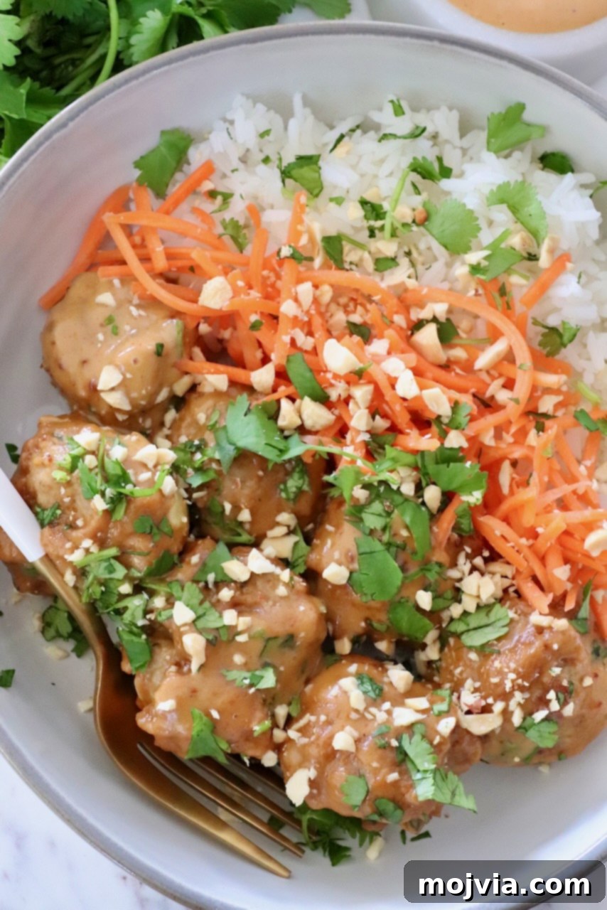 Thai Peanut Turkey Meatball Bliss 9 Thai Turkey Meatballs served in a bowl with rice and shredded carrots, drizzled with peanut sauce