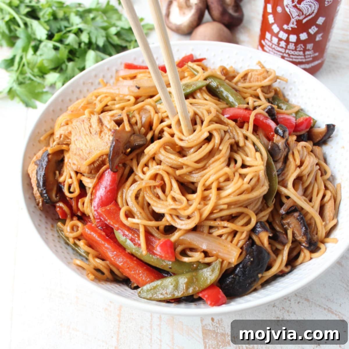 Homemade Chicken Lo Mein in Minutes 6 cooked chicken lo mein noodles in a bowl with chopsticks twirling the noodles