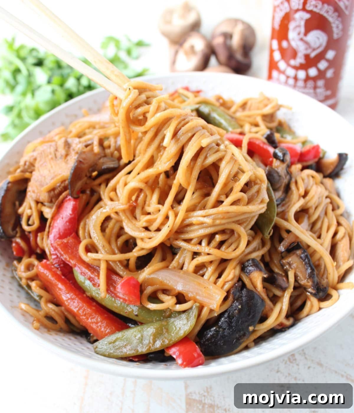 Homemade Chicken Lo Mein in Minutes 7 noodles lifted out of a bowl of chicken lo mein with chopsticks