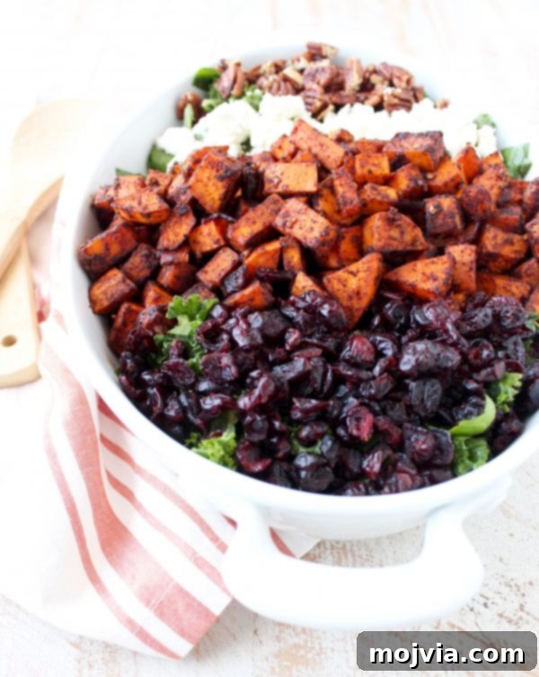 A vibrant bowl of Chili Roasted Sweet Potato & Cranberry Salad, highlighting the colorful ingredients.