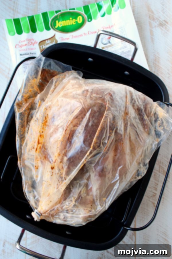 Jennie-O Cajun Turkey roasting inside the oven in its cooking bag.