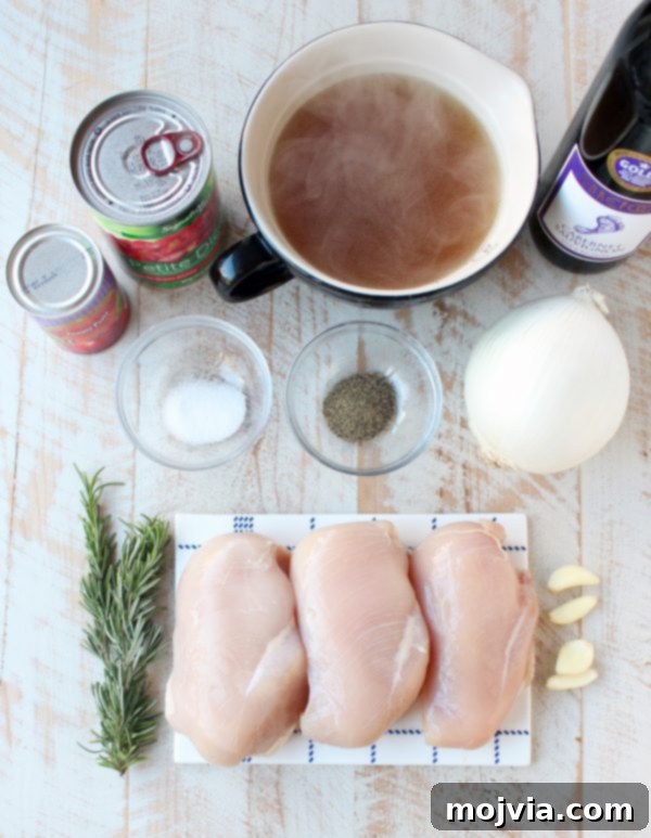 Tender Slow Cooker Chicken Ragu 3 Ingredients for slow cooker chicken ragu on a wooden surface.