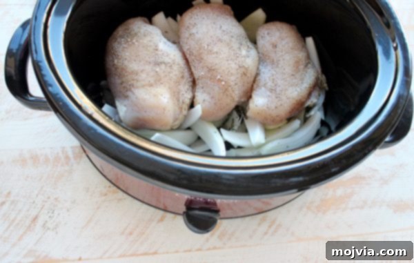 Tender Slow Cooker Chicken Ragu 5 Seasoned chicken on top of sliced onions in a slow cooker.