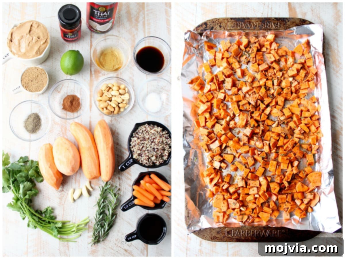 Vibrant Thai Peanut Sweet Potato Bowl 4 Assorted ingredients for the sweet potato buddha bowl recipe, with perfectly diced sweet potatoes spread on a baking sheet, ready for roasting.