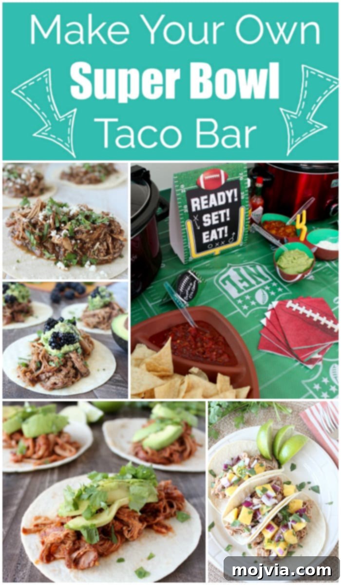 Taco Creation Station 2 A vibrant Make Your Own Taco Bar spread featuring a football field tablecloth, slow cookers with various meats, and an array of fresh toppings, perfect for a Super Bowl party or any festive gathering.