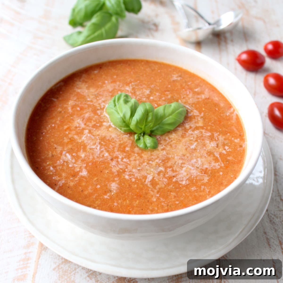 Fire-Kissed Tomato Bisque 9 tomato soup in bowl topped with grated parmesan cheese and basil leaves