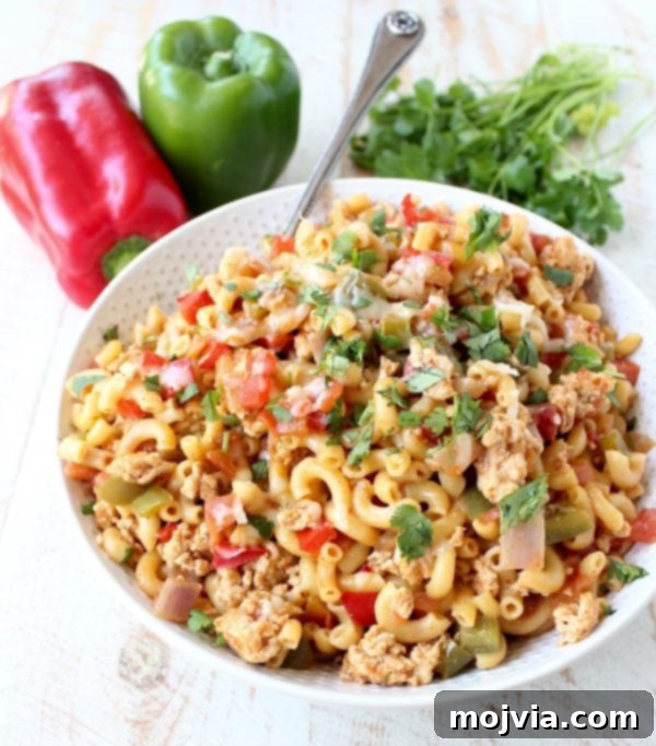 Another view of the delicious One Pot Chicken Fajita Pasta on a plate