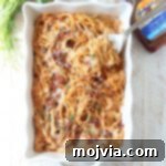 Detailed recipe card for Baked Spaghetti with BBQ Chicken and Bacon.