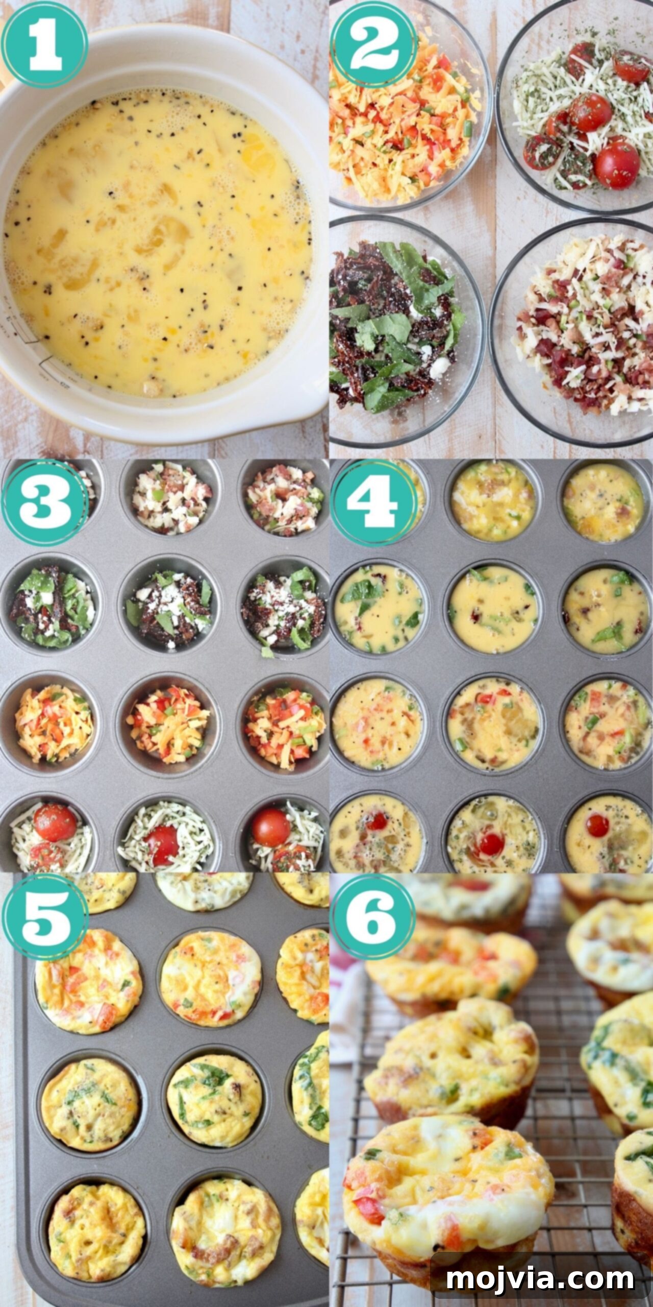A collage demonstrating the simple step-by-step process of making delicious and healthy egg muffins