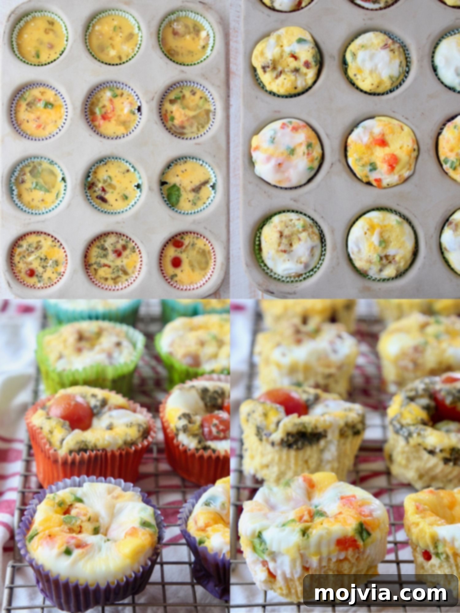 A collage showing egg muffins prepared with and without paper liners in a muffin tin