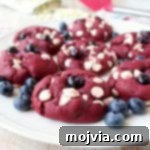 Red Velvet Cookies with white chocolate chips and blueberries, a patriotic dessert.