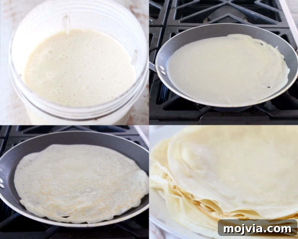 Authentic French Crepes Made Easy 4 Collage of images showing how to make crepes