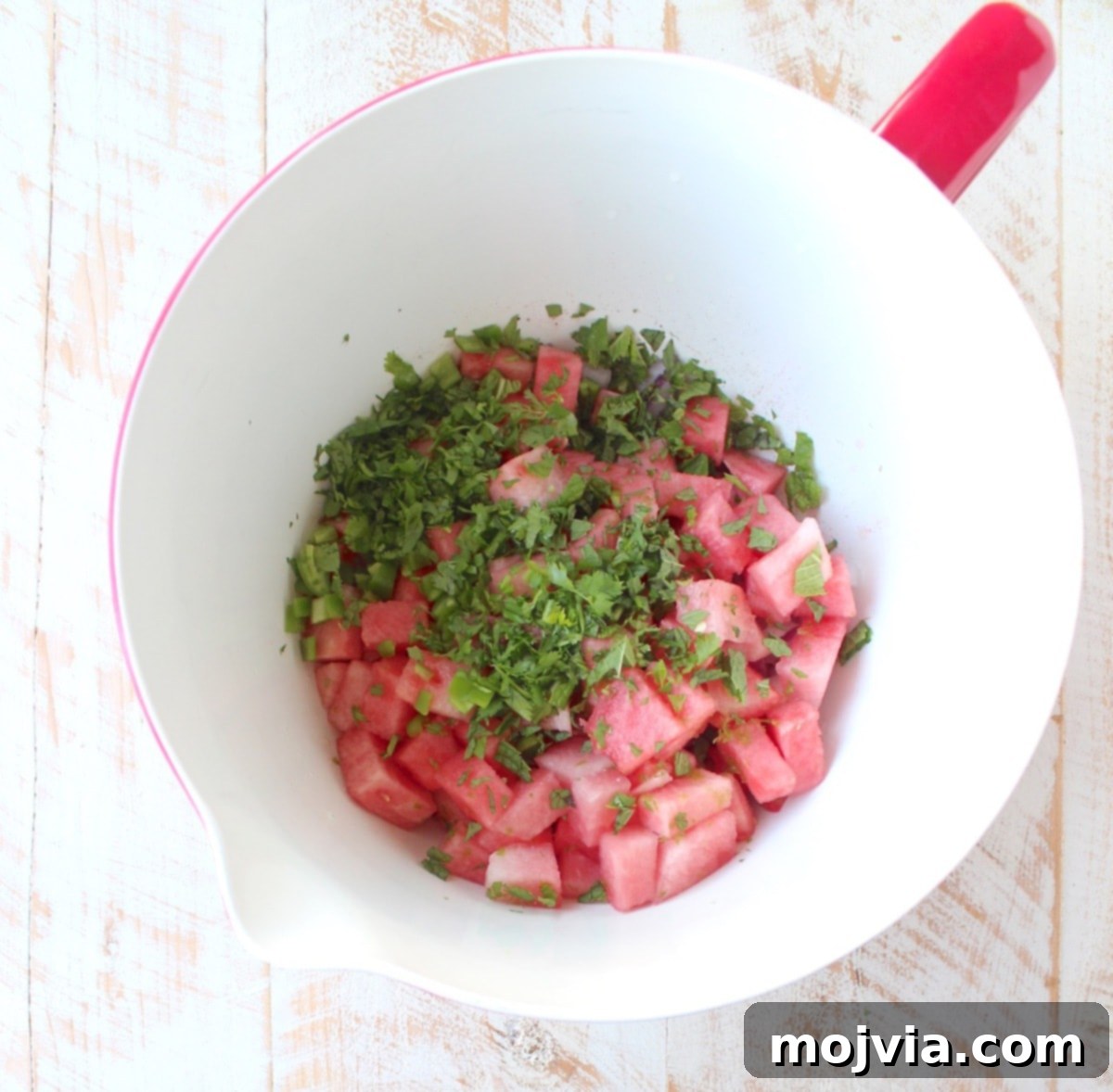 Sweet Heat Watermelon Salsa 4 All diced watermelon salsa ingredients mixed together in a large mixing bowl