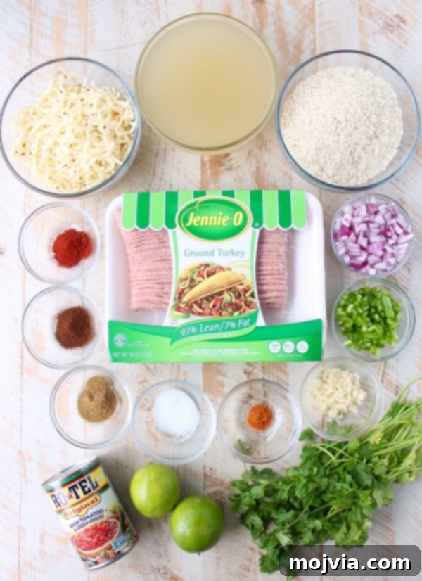 One Pan Zesty Turkey Taco Rice 5 Fresh ingredients laid out for the One Pot Turkey Taco Rice Skillet preparation, ready for cooking