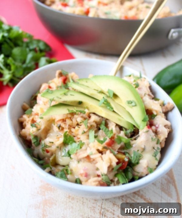 One Pan Zesty Turkey Taco Rice 7 Portion of One Pot Turkey Taco Rice Skillet served in a bowl, garnished with fresh cilantro and lime