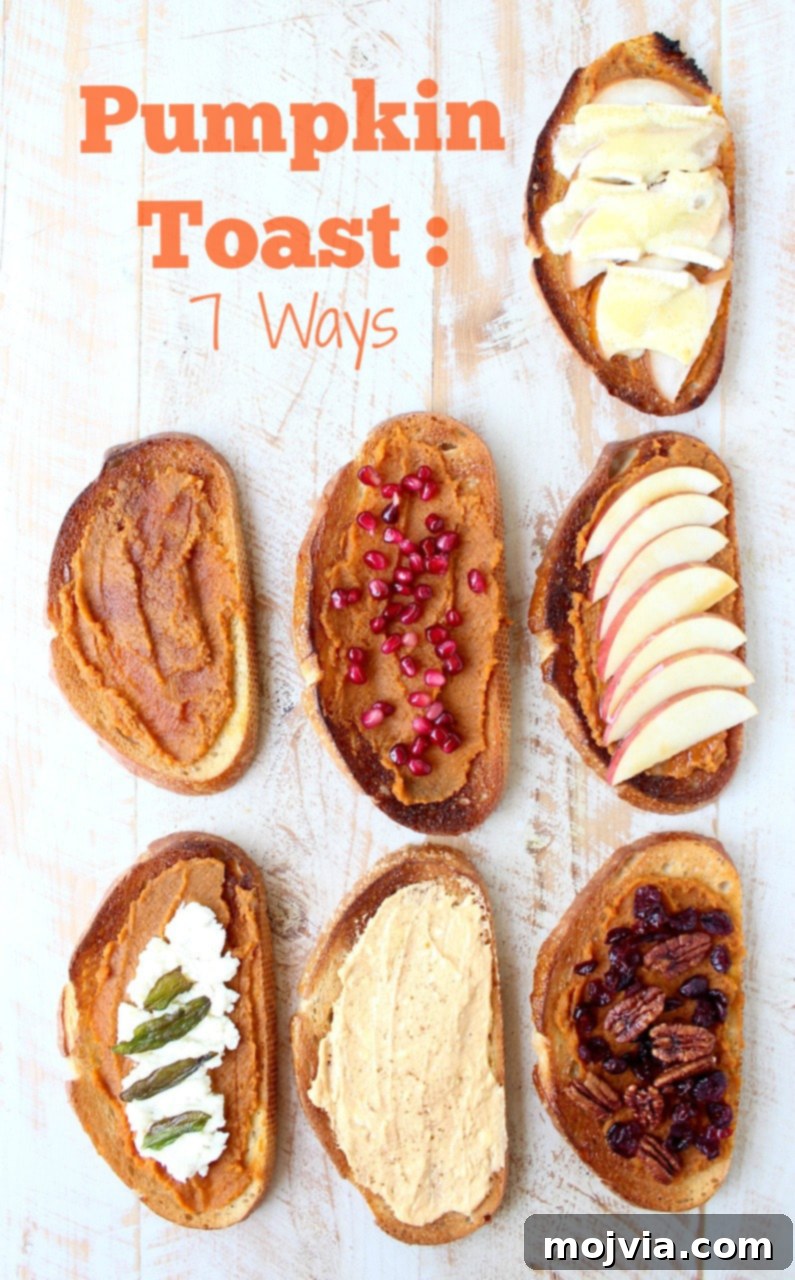 Seven pieces of pumpkin toast on a white wooden board, each beautifully adorned with different enticing toppings, accompanied by a text overlay that reads "Pumpkin Toast: 7 Ways".