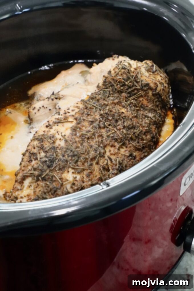 Melt-in-Your-Mouth Slow Cooker Turkey 8 The perfectly cooked, golden-brown turkey breast resting in the slow cooker after reaching its internal temperature.
