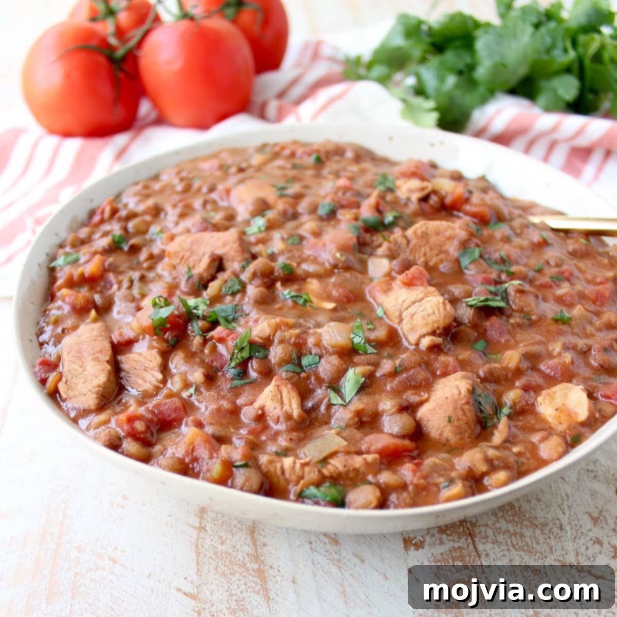 Instant Pot Tikka Masala Chicken and Lentil Bowls 2 Close-up of Instant Pot Chicken Tikka Masala with lentils, garnished with fresh cilantro, ready to be served.