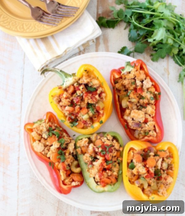 A beautifully plated Buffalo Chicken Stuffed Bell Pepper, garnished with fresh cilantro, on a white plate, ready to be enjoyed.