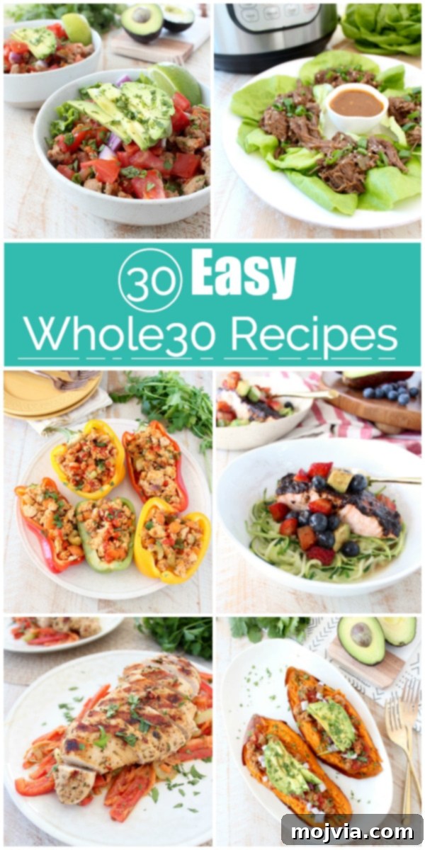 Whole30 Made Easy: 30 Recipes & Your Essential Shopping List 2 A vibrant collage of 30 easy Whole30 compliant recipes, including chicken, seafood, and vegetarian options, designed to inspire healthy and delicious meals.