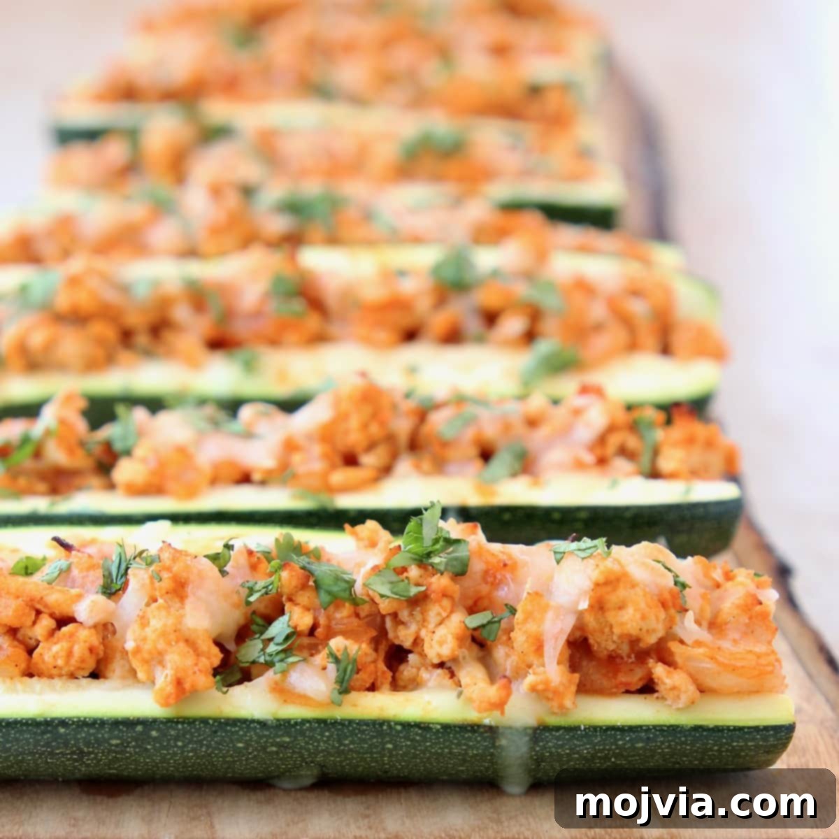 Tangy Buffalo Chicken Zucchini Bake 2 Buffalo Chicken Zucchini Boats with Pepper Jack Cheese and Cilantro on a wooden surface.