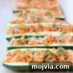 Buffalo Chicken Zucchini Boats with Pepper Jack Cheese and Cilantro