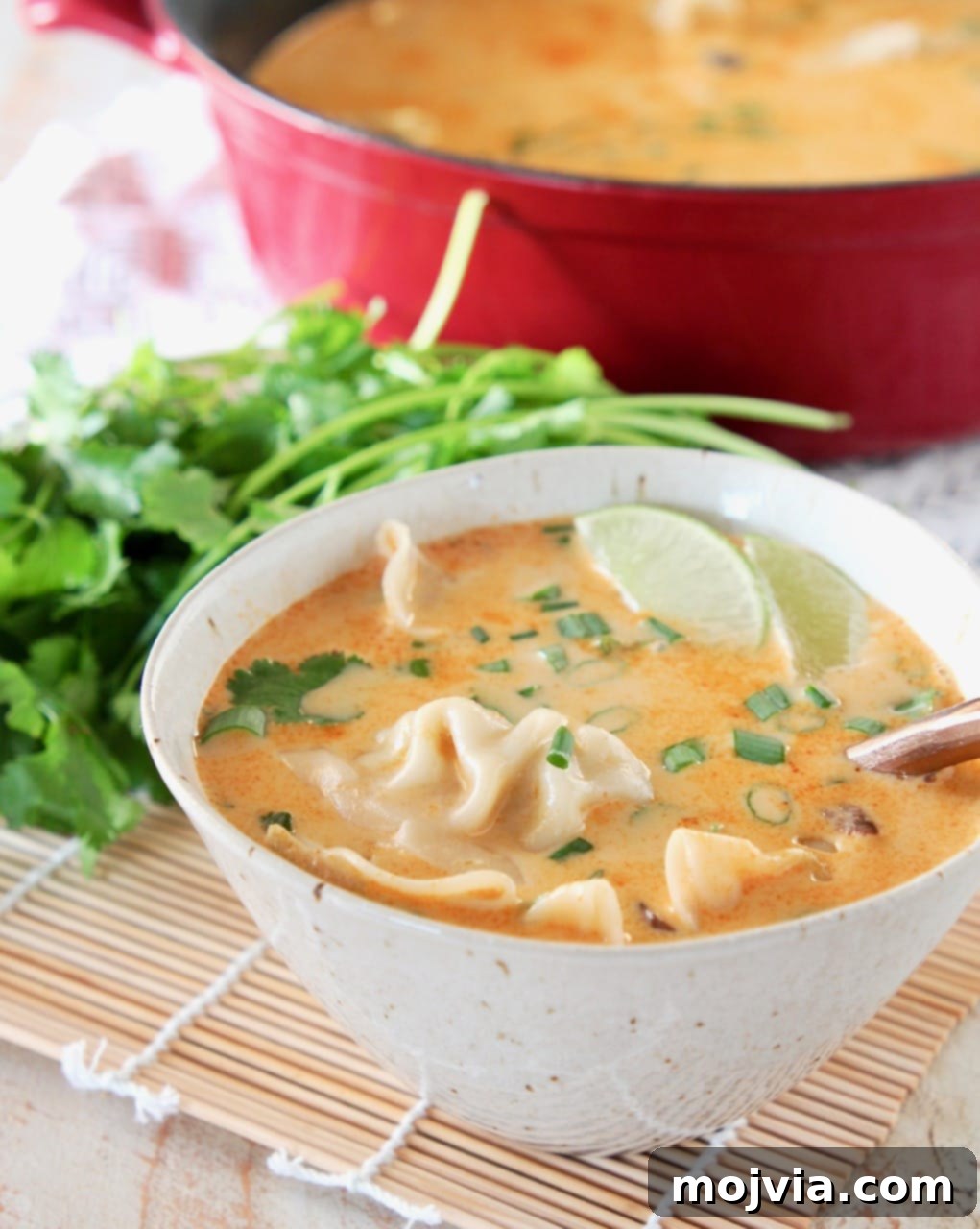 Vibrant Thai coconut soup with chicken potstickers in a decorative bowl, garnished with fresh lime wedge, vibrant green onions, and fresh cilantro. A copper spoon rests in the bowl, with more fresh cilantro artfully placed behind it.
