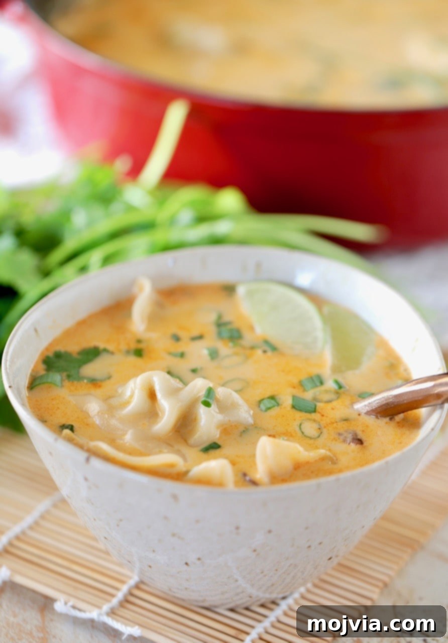 A close-up shot of Thai coconut soup with potstickers served in a bowl, with a large red pot visible in the background and fresh cilantro as a garnish.