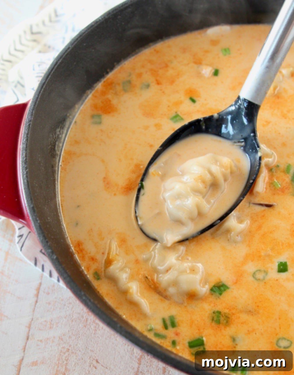 A large red cast iron pot filled with steaming Thai coconut soup and chicken potstickers, with a spoon emerging from the soup, holding up a perfectly cooked potsticker, ready to be enjoyed.