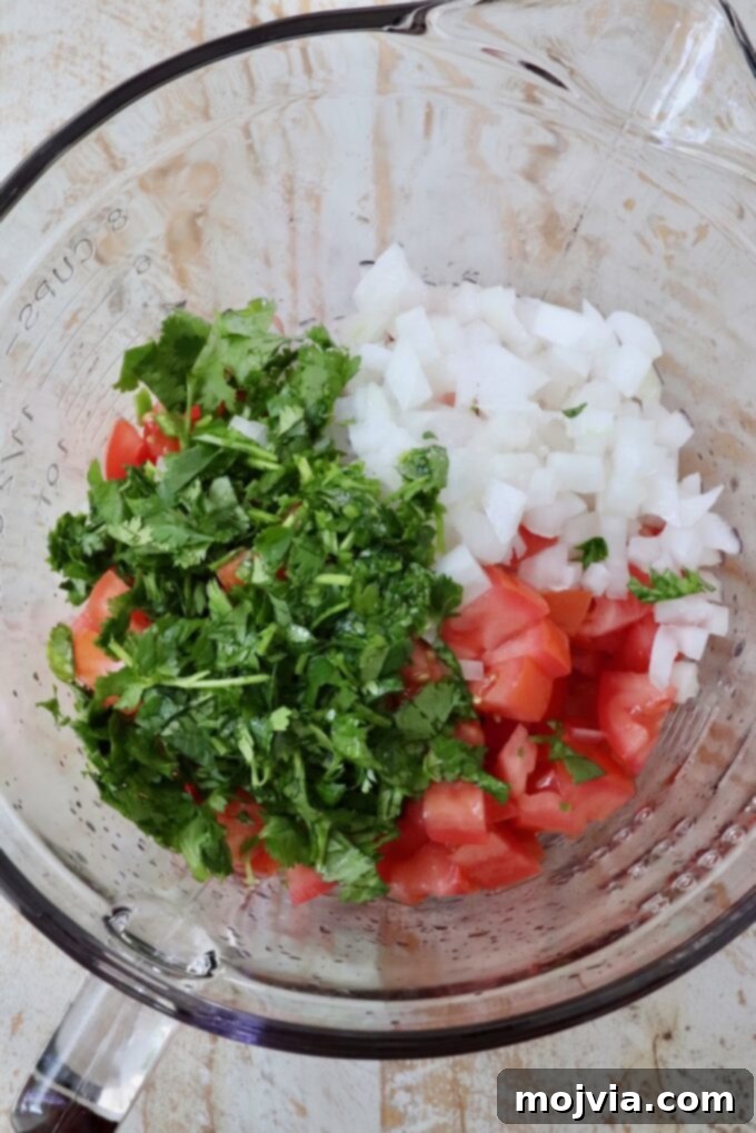 Fiesta Fresh Salsa 4 diced tomatoes and onions with fresh cilantro in a glass bowl