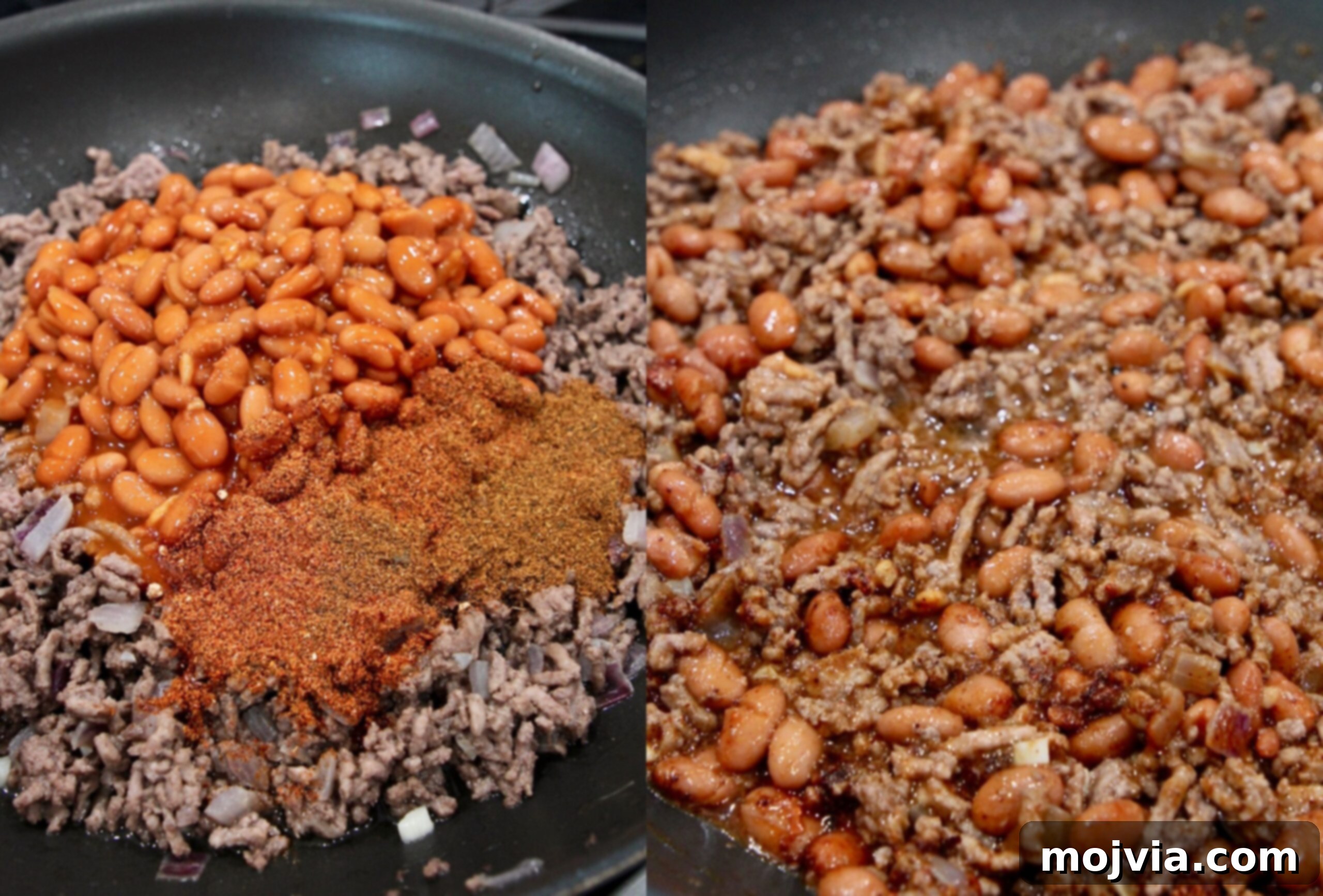 Tex-Mex Chili Crunch 4 A four-panel collage illustrating the cooking process of making chili on the stove