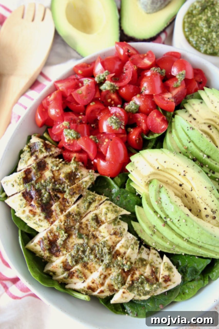 Pesto Grilled Chicken Avocado Salad 2 Sliced pesto chicken, sliced avocado and diced cherry tomatoes on top of spinach salad in bowl