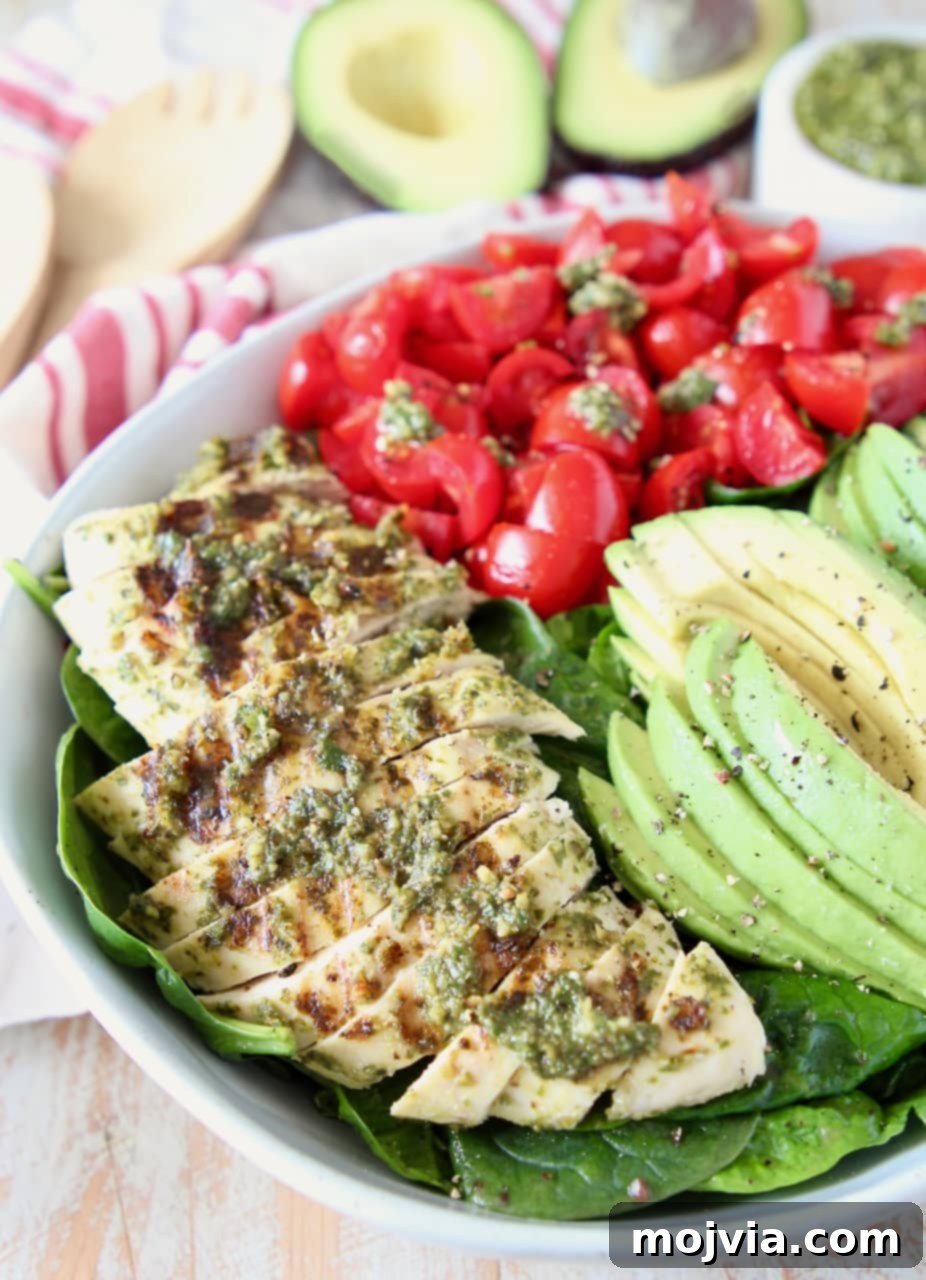 Pesto Grilled Chicken Avocado Salad 3 Sliced pesto chicken, avocado and tomatoes on top of a spinach salad in a bowl